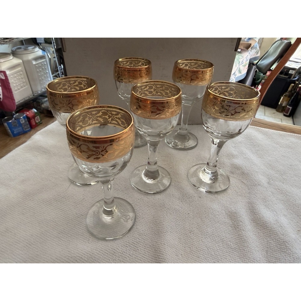 Vintage Italian Cordial Glasses Set 6 Gold  Rim Made Italy 4.5" Made In Italy